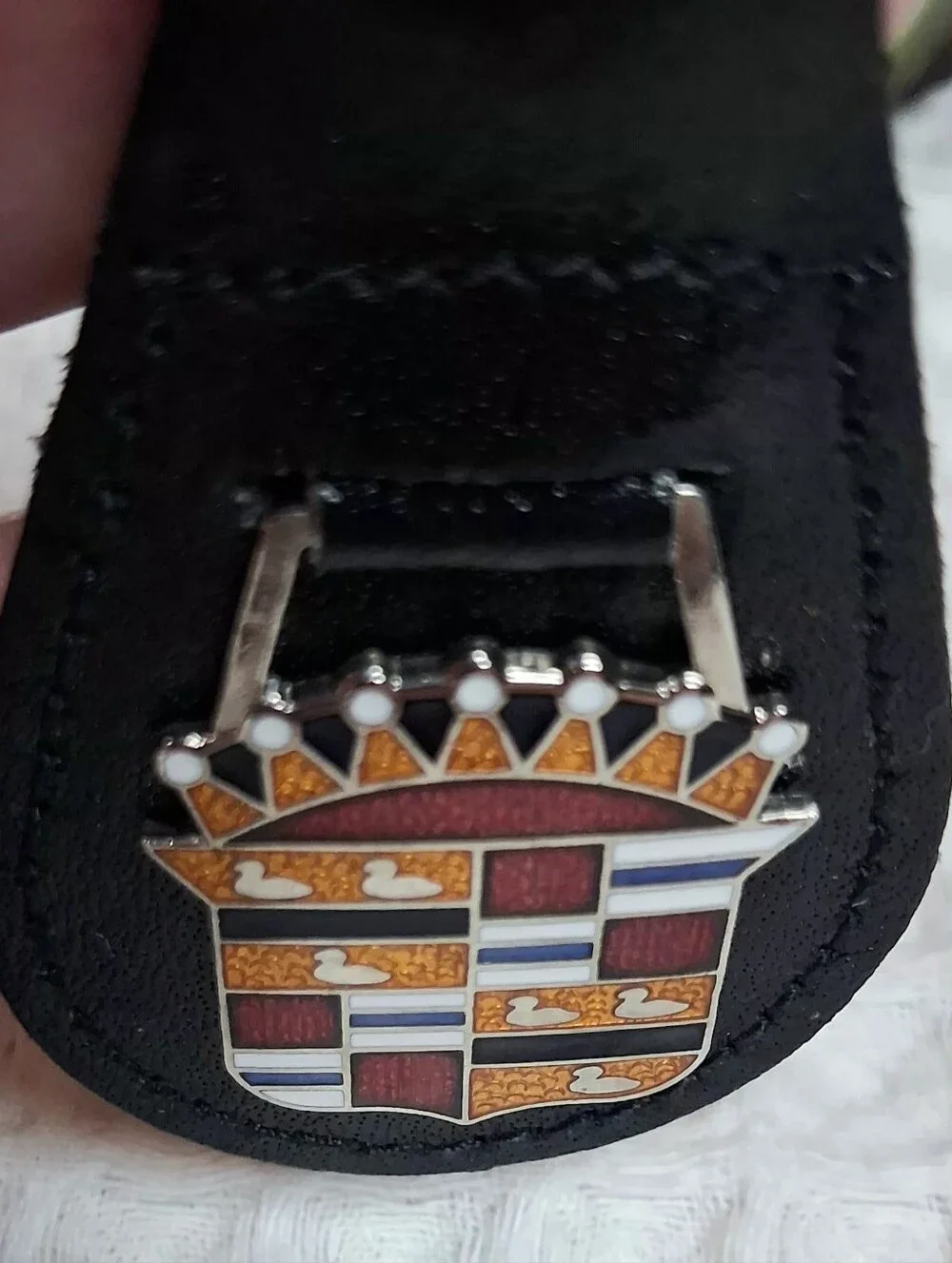 Vintage '70's Cadillac Black Leather Keychain w/Cloisonne Enamel Crest
